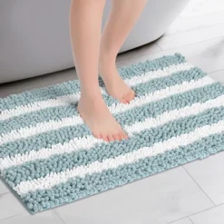 Unique Bargains Bathroom Striped Absorbent Chenille Non-Slip Machine Washable Plush Floor Mats