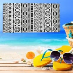 Unique Bargains Soft Absorbent Beach Towel Geometry Pattern Classic Design Black White 59"x30" For Beach 1 Pcs