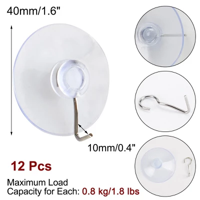 Unique Bargains Removable Vacuum Suction Cup Hooks 1.6" Clear 12 Pcs