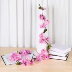 Unique Bargains Hanging Artificial Cherry-Blossom Flower Vines Decor 5.9ft/180cm 2 Pcs