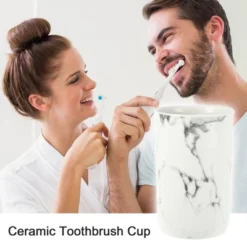 Unique Bargains Bathroom Toothbrush Tumblers Ceramic Toothbrush Cups For Bathroom Kitchen Black White 4.29''x2.80'' 1Pc